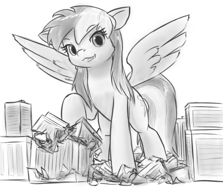 Size: 816x687 | Tagged: safe, artist:alloyrabbit, derpibooru import, rainbow dash, pegasus, pony, city, cityscape, cute, destruction, female, floppy ears, giant pony, giant rainbow dash, giantess, looking at you, macro, mare, mega/giant rainbow dash, monochrome, solo