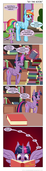 Size: 600x2189 | Tagged: suggestive, artist:deusexequus, derpibooru import, rainbow dash, spike, twilight sparkle, twilight sparkle (alicorn), alicorn, pony, pinkie pride, blushing, book, comic, female, goof off, kama sutra, library, mare, pony sutra, wingboner