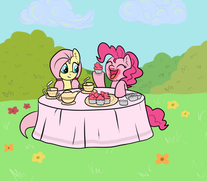 Size: 1280x1117 | Tagged: alternate hairstyle, artist:marindashy, cupcake, derpibooru import, fluttershy, pinkie pie, ponytails, safe, tea, teacup, tea party, teapot