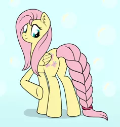 Size: 1270x1338 | Tagged: safe, artist:marindashy, derpibooru import, fluttershy, pegasus, pony, alternate hairstyle, braided tail, bubble, female, fluttershy answers, hairband, mare, solo