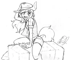 Size: 800x674 | Tagged: artist:dj-black-n-white, cowboy hat, derpibooru import, hat, hay, monochrome, oc, oc:ambrosia, parent:braeburn, safe, satyr, solo, unofficial characters only