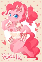 Size: 700x1026 | Tagged: suggestive, artist:qpqp, derpibooru import, pinkie pie, semi-anthro, clothes, corset, female, looking at you, pinup, ponytail, solo, solo female