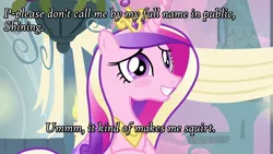Size: 1280x720 | Tagged: suggestive, derpibooru import, edit, edited screencap, screencap, princess cadance, alicorn, pony, blushing, caption, female, implied orgasm, mare, out of context, solo, tempting fate