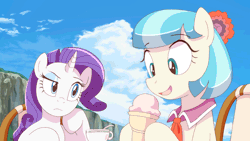 Size: 960x540 | Tagged: safe, artist:deannart, derpibooru import, coco pommel, rarity, earth pony, pony, unicorn, animated, anime, blinking, chair, cocobetes, cup, cute, duo, eating, female, food, frame by frame, gif, hnnng, ice cream, image, licking, mare, observer, open mouth, raised eyebrow, raribetes, sitting, sky, smiling, style emulation, suggestive eating, sweet dreams fuel, table, tea, tongue out, weapons-grade cute