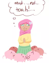 Size: 617x800 | Tagged: animal, artist needed, derpibooru import, dialogue, fluttershy, hijab, human, humanized, islam, islamashy, light skin, pig, request, safe, thought bubble