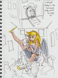 Size: 2450x3294 | Tagged: animal, artist:asterdog, chicken, chicken coop, derpibooru import, derpy hooves, human, humanized, inside, light skin, may the best pet win, partial color, safe, scene interpretation, traditional art