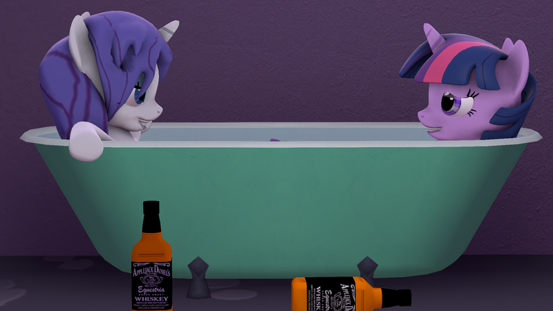 Size: 1920x1080 | Tagged: safe, artist:mr.tektite, derpibooru import, rarity, twilight sparkle, twilight sparkle (alicorn), alicorn, pony, unicorn, 3d, alcohol, applejack daniel's, bath, bathtub, bedroom eyes, claw foot bathtub, drunk, drunk rarity, drunk twilight, explicit source, eye contact, female, grin, lesbian, lust, mare, messy mane, rarilight, shipping, smiling, source filmmaker, unsure, wet mane, worried