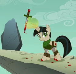 Size: 838x816 | Tagged: semi-grimdark, artist:pixelkitties, derpibooru import, ponified, pony, blood, blood mage, crossover, dragon age, dragon age 2, female, mage, magic, mare, merrill, solo, sword, telekinesis