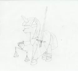 Size: 2755x2537 | Tagged: safe, artist:kepernyos, derpibooru import, oc, unofficial characters only, alicorn, pony, black and white, blindfold, grayscale, justicia, monochrome, scale, solo, sword, traditional art