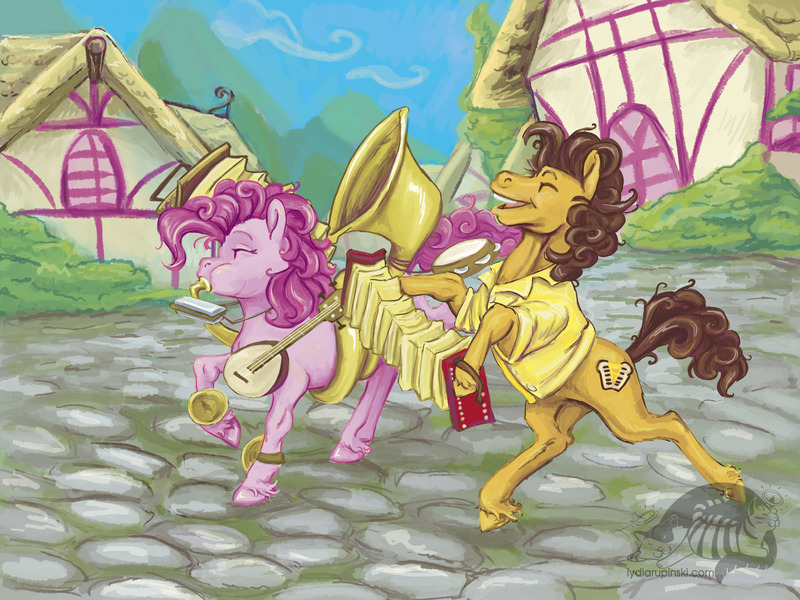 Size: 3600x2700 | Tagged: safe, artist:substantiallyuseless, derpibooru import, cheese sandwich, pinkie pie, pony, pinkie pride, accordion, banjo, bipedal, cheesepie, eyes closed, female, harmonica, male, musical instrument, shipping, sousaphone, straight, tuba