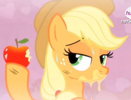 Size: 436x334 | Tagged: safe, derpibooru import, screencap, applejack, earth pony, pony, simple ways, apple, apple juice, applejuice meme, juice, messy eating, out of context, solo, stupid sexy applejack, sweat