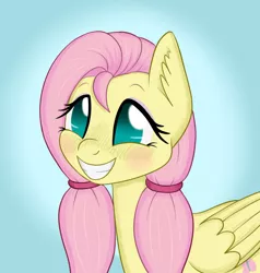 Size: 950x1000 | Tagged: safe, artist:marindashy, derpibooru import, fluttershy, pegasus, pony, alternate hairstyle, blushing, cute, eyeshadow, female, fluttershy answers, gradient background, grin, mare, pigtails, shyabetes, smiling, solo, squee