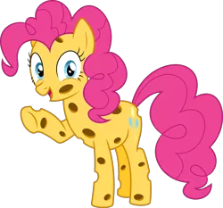 Size: 6440x6000 | Tagged: safe, artist:dasprid, derpibooru import, pinkie pie, changeling, food pony, original species, absurd resolution, changelingified, cheese, cheeselegs, cheesepie, female, looking at you, male, open mouth, pun, race swap, raised hoof, shipping, simple background, smiling, solo, straight, transparent background, trypophobia, vector, waving, wide eyes