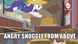 Size: 603x337 | Tagged: derpibooru import, image macro, imma snuggle you, rarihick, rarity, safe, screencap, simple ways, snuggling, solo, uncouth, warcry, warface