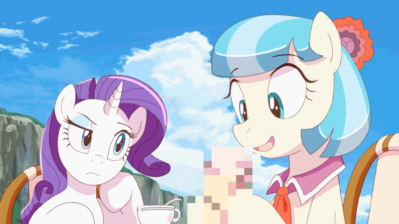 Size: 960x540 | Tagged: questionable, artist:deannart, derpibooru import, edit, coco pommel, rarity, animated, blinking, censored, chair, cup, cute, eating, food, ice cream, implied blowjob, implied oral, implied sex, licking, observer, open mouth, raised eyebrow, sitting, sky, smiling, table, tea, tongue out, unnecessary censorship