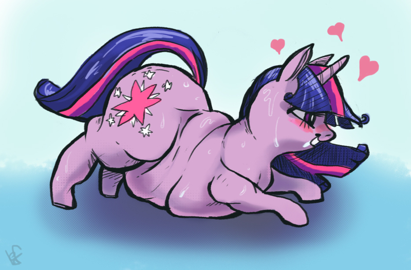 Size: 934x614 | Tagged: safe, artist:holotuff, derpibooru import, twilight sparkle, pony, fat, female, heart, hungry, mare, obese, profile, solo, sweat, twilard sparkle, weight gain