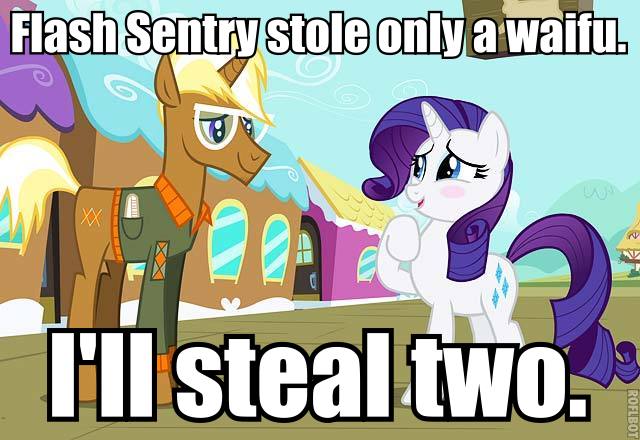 Size: 640x440 | Tagged: safe, derpibooru import, edit, edited screencap, screencap, rarity, trenderhoof, pony, unicorn, simple ways, blushing, caption, exploitable meme, eye contact, female, image macro, male, mare, meme, nervous, open mouth, raised hoof, shy, smiling, stallion, text, waifu, waifu thief