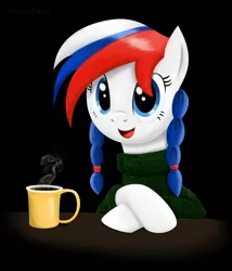 Size: 3000x3500 | Tagged: artist:mrscroup, braid, clothes, coffee, cup, cute, derpibooru import, food, nation ponies, oc, oc:marussia, pigtails, portrait, russia, safe, solo, sweater, unofficial characters only