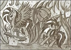 Size: 2327x1642 | Tagged: safe, artist:rossmaniteanzu, derpibooru import, oc, oc:anzu, oc:marta, unofficial characters only, pegasus, pony, unicorn, flower, mushroom, traditional art