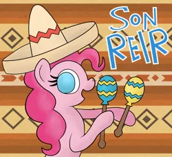 Size: 938x852 | Tagged: artist:xylophon, balloon, derpibooru import, maracas, mexican, musical instrument, pattern, pinkie pie, safe, smile song, smiling, solo, sombrero, spanish