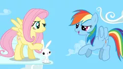 Size: 1280x720 | Tagged: angel bunny, cloud, cloudy, derpibooru import, fluttershy, flying, rainbow dash, raised eyebrow, safe, screencap, smiling, spread wings