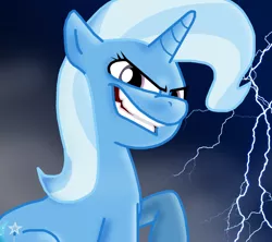 Size: 1280x1139 | Tagged: safe, artist:ajmstudios, derpibooru import, trixie, pony, unicorn, electrixie, evil, female, grin, lightning, mare, ponies: the series, scootaquest, sinister, smiling, solo