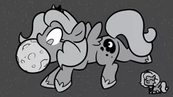 Size: 1201x672 | Tagged: artist:lightbulb, derpibooru import, filly, monochrome, moon, mouth hold, princess luna, safe, solo, tangible heavenly object, woona