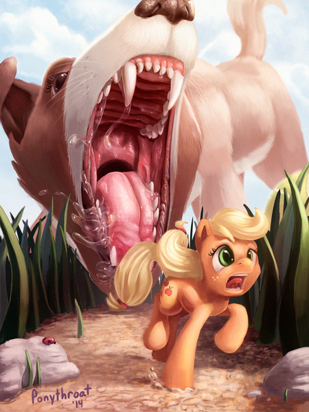 Size: 900x1200 | Tagged: animal, applejack, appletini, artist:ponythroat, derpibooru import, drool, fangs, grass, imminent vore, ladybug, mawshot, micro, pet, safe, size difference, winona