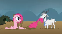 Size: 1054x592 | Tagged: biting, caption, cotton, derpibooru import, edit, edited screencap, goat, hub logo, meme, mud, pinkie pie, putting your hoof down, safe, screencap, tail bite, youtube caption