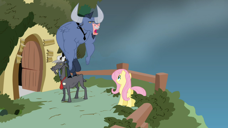 Size: 1054x592 | Tagged: safe, derpibooru import, screencap, fluttershy, iron will, nostalgia goat, goat, minotaur, pegasus, pony, putting your hoof down, basket, door, female, male, mare, necktie, nose piercing, nose ring, open mouth, piercing