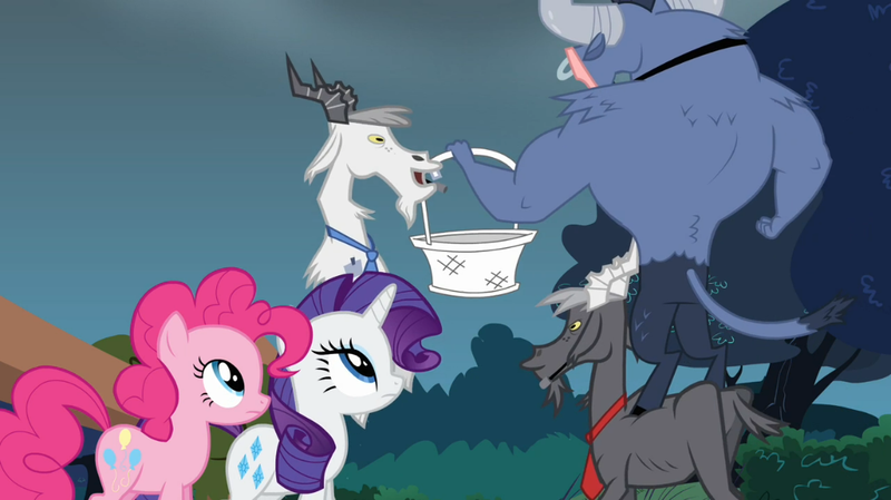 Size: 1054x592 | Tagged: safe, derpibooru import, screencap, iron will, nostalgia goat, pinkie pie, rarity, earth pony, goat, minotaur, pony, unicorn, putting your hoof down, basket, female, male, mare, necktie