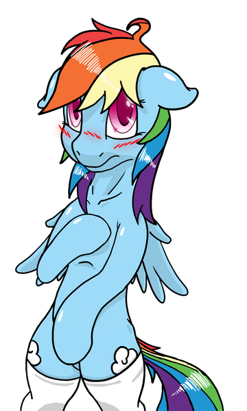 Size: 3000x5000 | Tagged: suggestive, artist:burnedpigeon, derpibooru import, rainbow dash, pegasus, pony, bipedal, blushing, both cutie marks, clothes, covering, embarrassed, female, heart eyes, hiding, looking at you, mare, simple background, socks, solo, white background, white socks, wingding eyes
