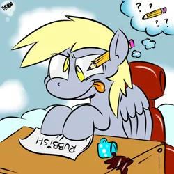 Size: 1280x1280 | Tagged: safe, artist:benja, derpibooru import, derpy hooves, pegasus, pony, ask-ask-the-ponies, female, mare, pencil, solo