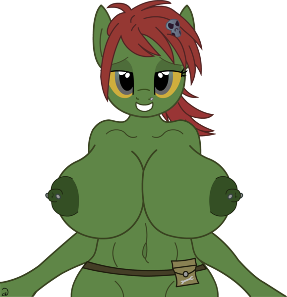 Size: 1332x1380 | Tagged: anonymous artist, anthro, anthro oc, big breasts, breasts, derpibooru import, female, huge breasts, impossibly large breasts, nipple piercing, nipples, nudity, oc, oc:kazlee, piercing, questionable, solo, solo female, unofficial characters only