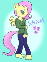 Size: 1024x1365 | Tagged: adorascotch, anthro, artist:xylophon, barefoot, blushing, butterscotch, clothes, cute, derpibooru import, feet, femboy, fluttershy, male, male feet, pigeon toed, plantigrade anthro, rule 63, rule63betes, safe, solo, sweater, sweatershy