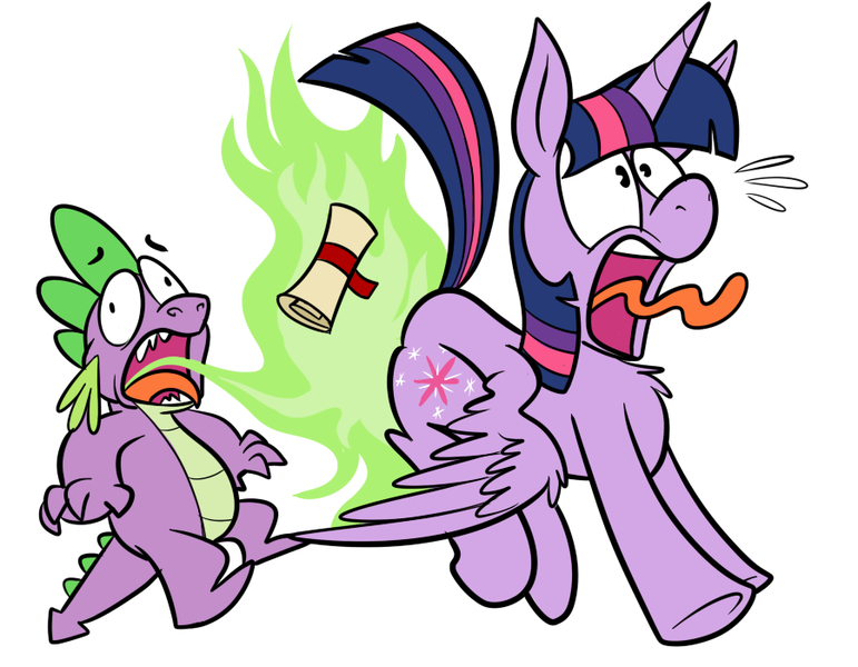 Size: 900x700 | Tagged: safe, artist:karpet-shark, derpibooru import, spike, twilight sparkle, twilight sparkle (alicorn), alicorn, pony, twily-daily, burned butt, burp, butt fire, dragon mail, faic, female, fire, green fire, literal butthurt, mare, open mouth, pain, screaming, scroll, spread wings, tongue out, wide eyes