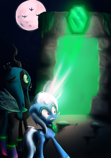 Size: 1477x2100 | Tagged: safe, artist:fox-moonglow, derpibooru import, queen chrysalis, trixie, changeling, changeling queen, unicorn, amulet, cave, crying, duo, emerald, female, jewelry, magic, moon, portal, sweat