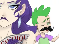 Size: 1600x1200 | Tagged: artist:thelivingmachine02, derpibooru import, ear piercing, earring, frown, human, humanized, jewelry, light skin, lipstick, magazine, moustache, nail polish, open mouth, piercing, rarity, rarity is not amused, safe, spike, unamused, varying degrees of want, wink