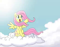 Size: 3600x2800 | Tagged: safe, artist:drako1997, derpibooru import, fluttershy, pegasus, pony, cloud, cloudy, cute, female, mare, open mouth, shyabetes, sitting, sky, smiling, solo, windswept mane, windy