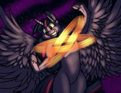 Size: 1000x773 | Tagged: safe, artist:foxenawolf, derpibooru import, twilight sparkle, twilight sparkle (alicorn), alicorn, pony, semi-anthro, seraph, seraphicorn, aladdin, apotheosis, fluffy, goddess, grin, jafar, macro, multiple wings, phenomenal cosmic powers, pony bigger than a galaxy, pony bigger than a planet, power trip, smiling, solo, spread wings, underhoof, universe, unshorn fetlocks, wide eyes