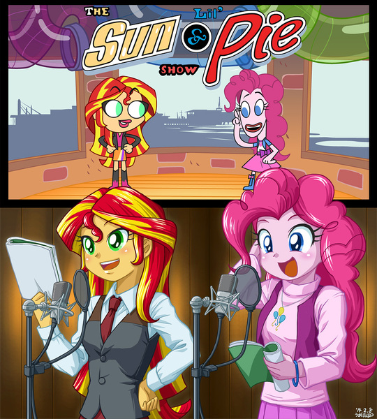 Size: 900x1000 | Tagged: safe, artist:uotapo, derpibooru import, pinkie pie, sunset shimmer, equestria girls, duo, duo female, female, sam and cat, sunset helper, voice acting