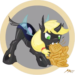 Size: 1250x1250 | Tagged: safe, artist:shinekolt, derpibooru import, applejack, changeling, /mlp/, 4chan, changelingified, drawthread, fangs, food, green eyes, image, png, signature, solo, species swap, waffle