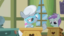 Size: 1366x768 | Tagged: safe, derpibooru import, screencap, liza doolots, petunia, princess celestia, silver spoon, tootsie flute, earth pony, pony, unicorn, call of the cutie, arrogant, bored, classroom, female, filly, foal, frown, glasses, jewelry, looking down, necklace, pearl necklace, ponyville schoolhouse, raised eyebrow, raised hoof, solo focus, unimpressed
