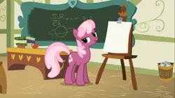Size: 1366x768 | Tagged: book, call of the cutie, chalkboard, cheerilee, classroom, clipboard, derpibooru import, lidded eyes, ponyville schoolhouse, safe, screencap, solo