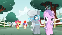 Size: 1366x768 | Tagged: safe, derpibooru import, screencap, apple bloom, diamond tiara, silver spoon, twist, earth pony, pony, call of the cutie, apple bloom is not amused, bow, brat, bully, bullying, evil grin, female, filly, foal, glasses, grin, hair bow, jewelry, narrowed eyes, necklace, pearl necklace, raised eyebrow, smiling, smirk, tiara, unamused, upset, walking