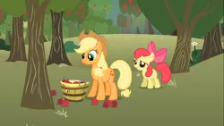 Size: 1366x768 | Tagged: safe, derpibooru import, screencap, apple bloom, applejack, earth pony, pony, call of the cutie, apple, apple orchard, apple sisters, apple tree, duo, female, filly, foal, food, mare, orchard, sisters, tree