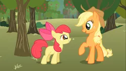 Size: 1366x768 | Tagged: safe, derpibooru import, screencap, apple bloom, applejack, earth pony, pony, call of the cutie, apple orchard, apple sisters, apple tree, duo, female, filly, foal, mare, orchard, raised hoof, sisters, smiling, tree