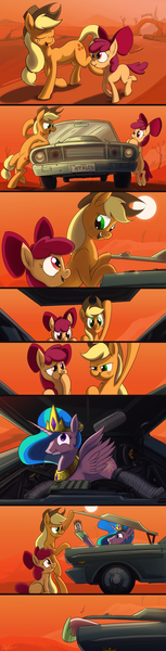 Size: 3000x11737 | Tagged: absurd resolution, apple bloom, applejack, artist:dimfann, bipedal leaning, car, comic, derpibooru import, engine, ford, grin, princess celestia, safe, scrunchy face, sillestia, silly, smiling, :t, trollestia, unamused