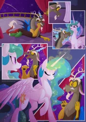 Size: 1000x1415 | Tagged: safe, artist:falleninthedark, artist:stepandy, derpibooru import, discord, princess celestia, comic:notte insonne, comic, dislestia, magic, night, shipping