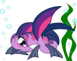 Size: 860x681 | Tagged: safe, artist:skrysal, derpibooru import, twilight sparkle, fish, blushing, bubble, fishified, looking at you, prone, seaweed, simple background, smiling, solo, species swap, transparent background, underwater